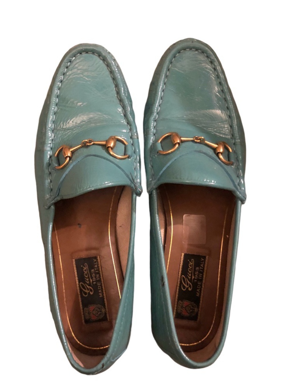 Gucci women’s teal Leather Horsebit Loafers